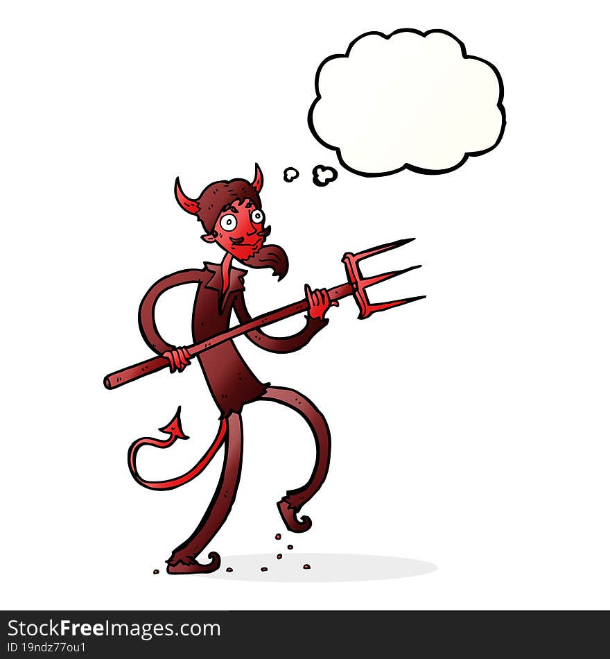 cartoon devil with pitchfork with thought bubble