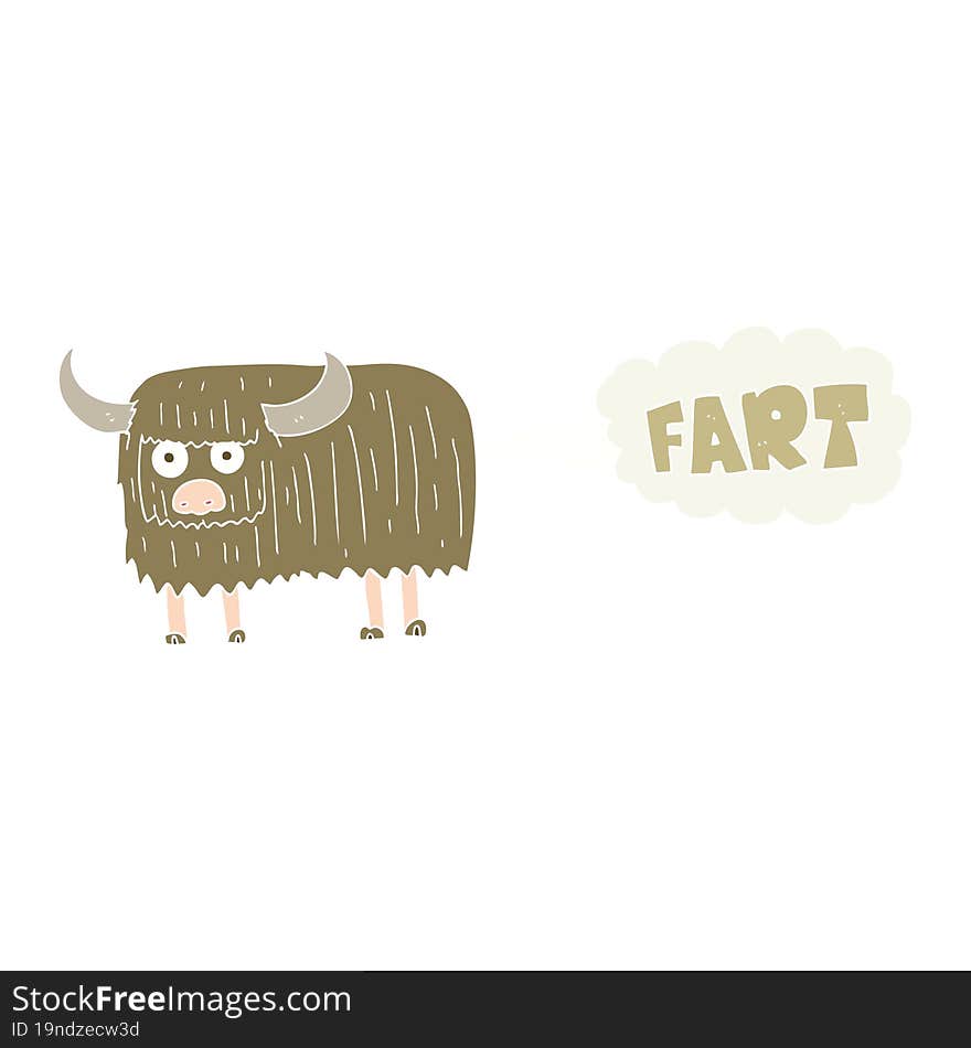 flat color illustration of a cartoon hairy cow farting