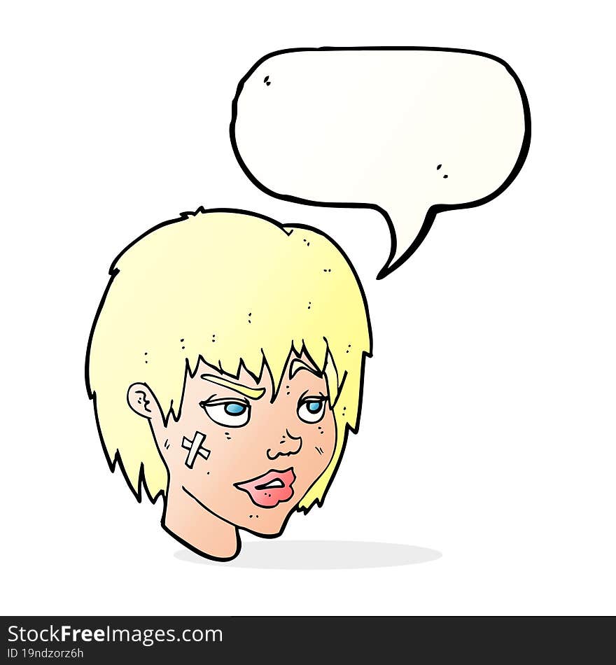 cartoon woman with plaster on face with speech bubble