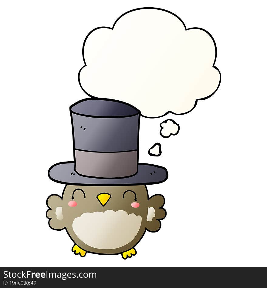 cartoon owl wearing top hat and thought bubble in smooth gradient style