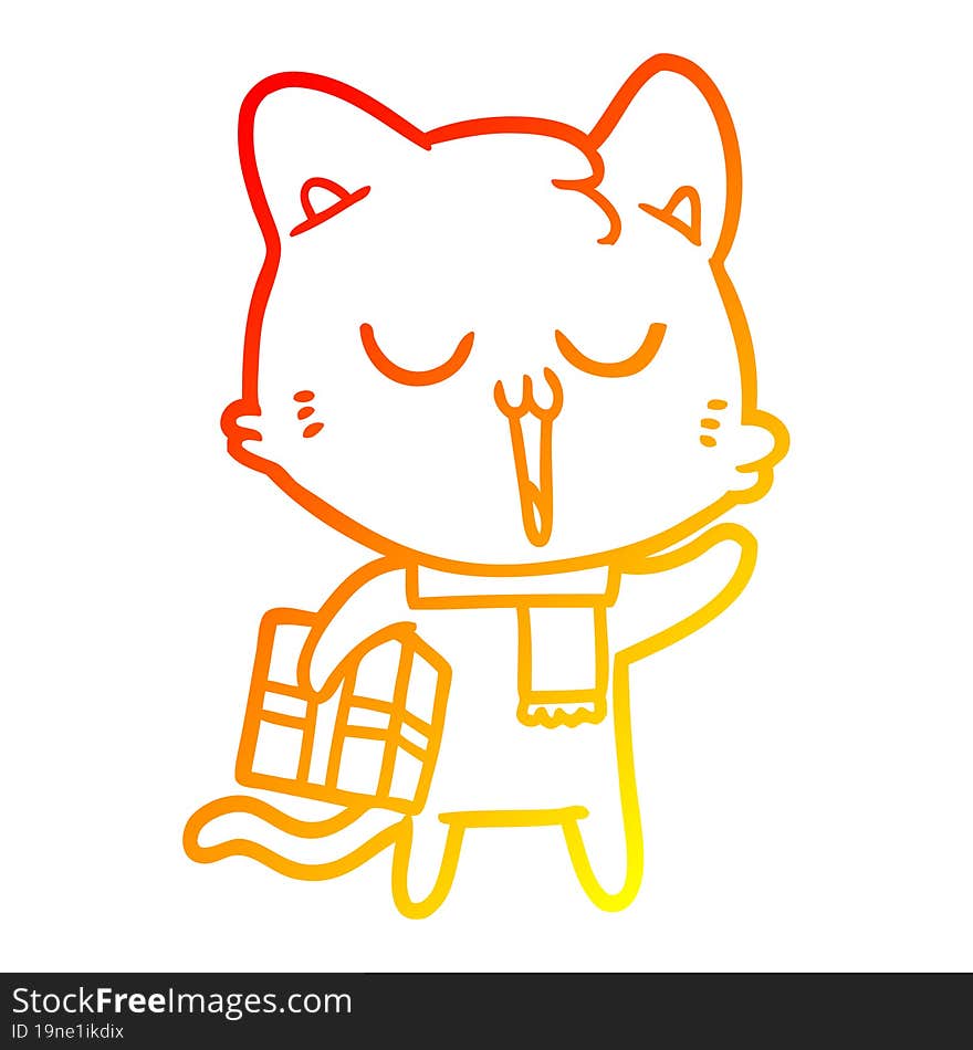 warm gradient line drawing cartoon cat with gift