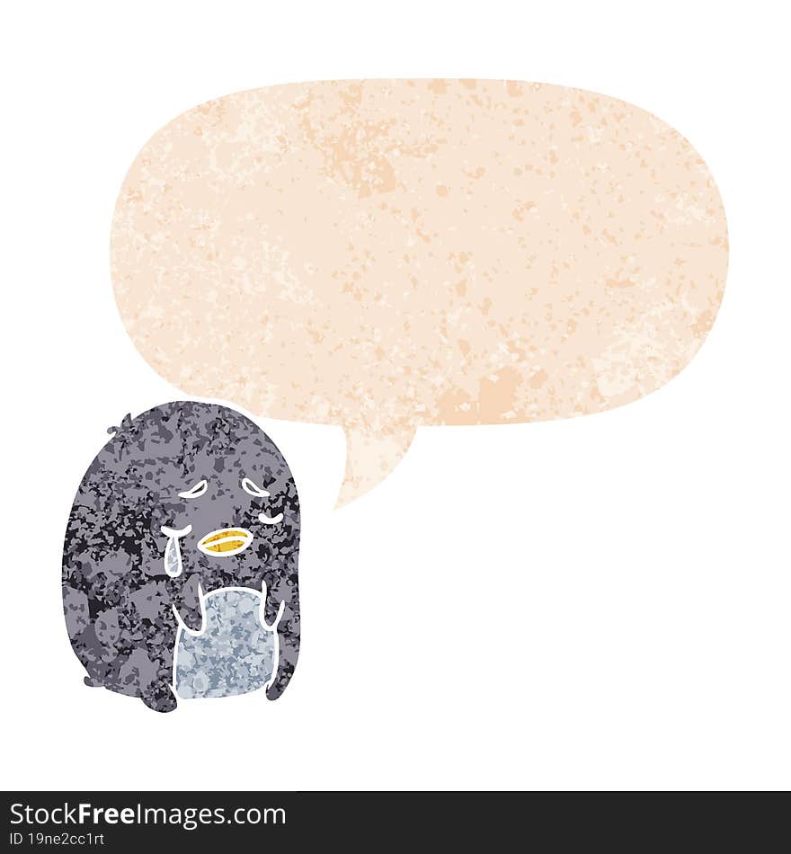 cartoon crying penguin and speech bubble in retro textured style