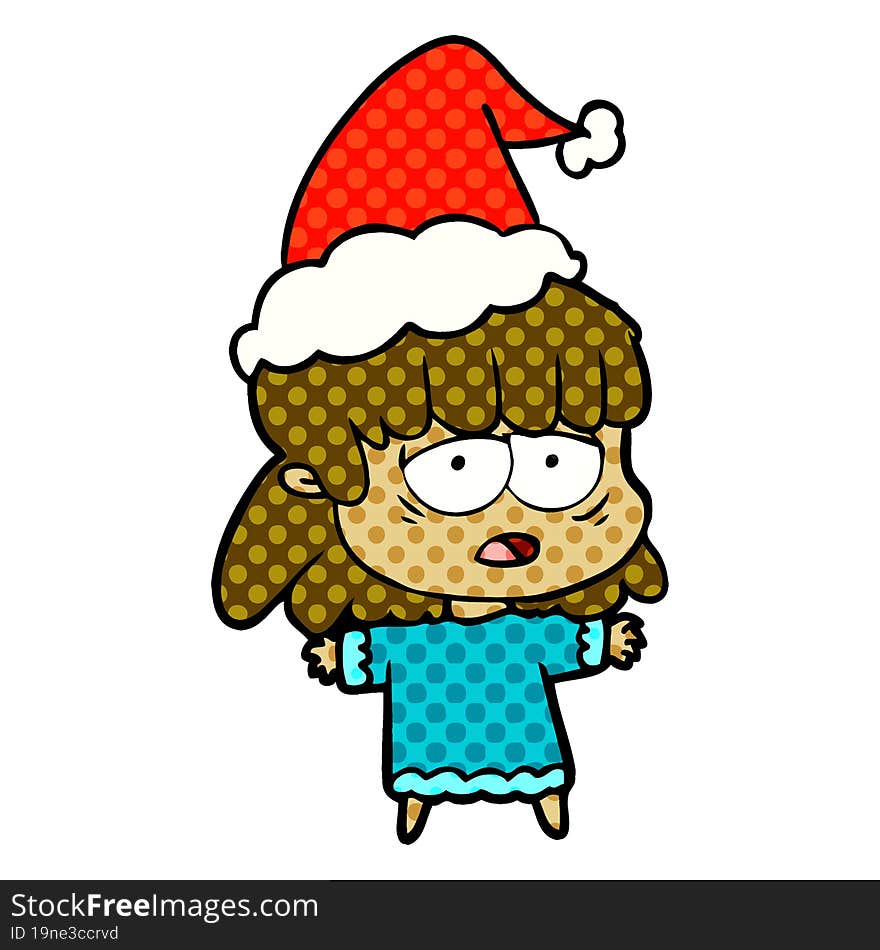 Comic Book Style Illustration Of A Tired Woman Wearing Santa Hat