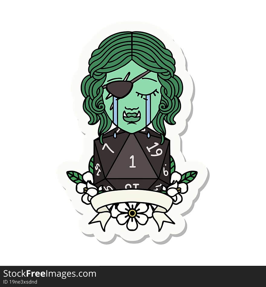 sticker of a crying orc rogue character with natural one roll. sticker of a crying orc rogue character with natural one roll