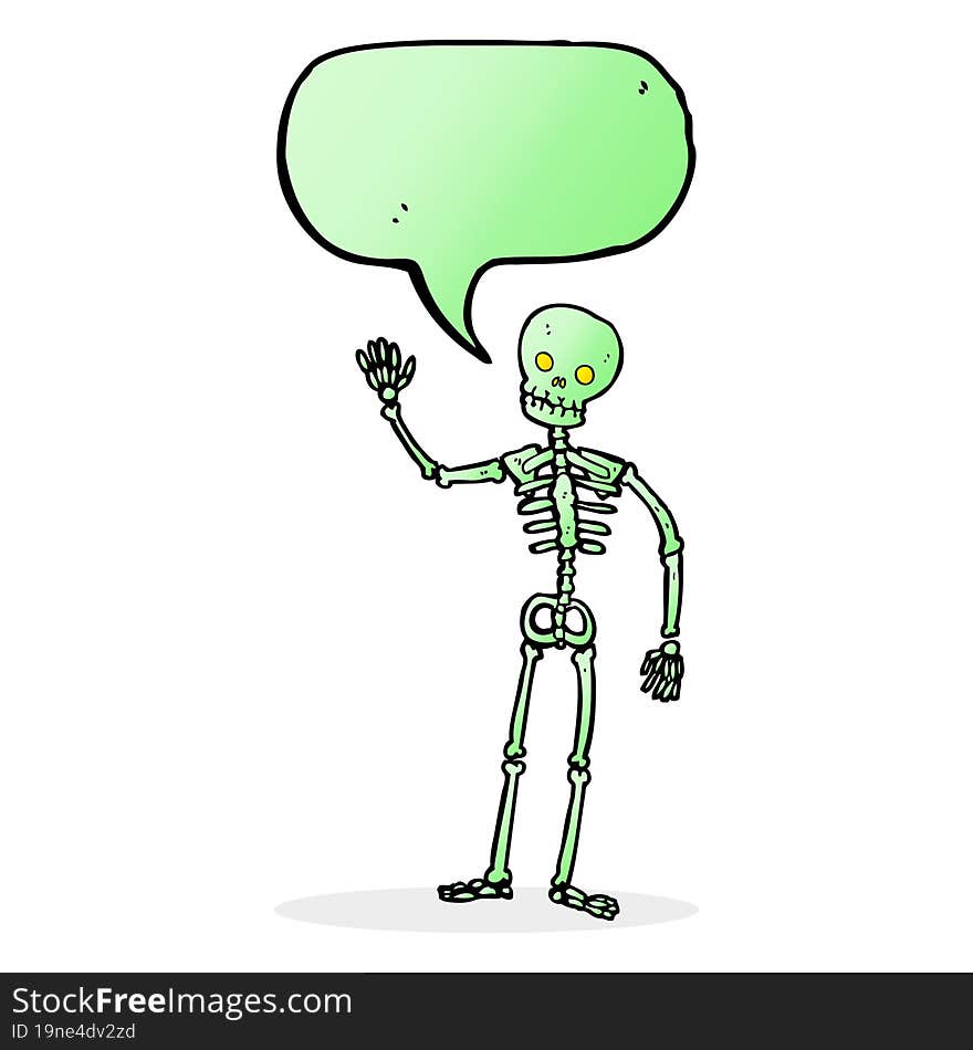 cartoon waving skeleton with speech bubble