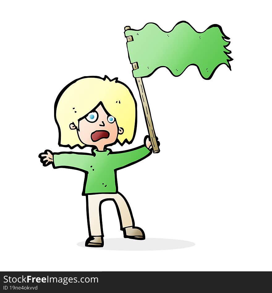 cartoon woman waving green flag