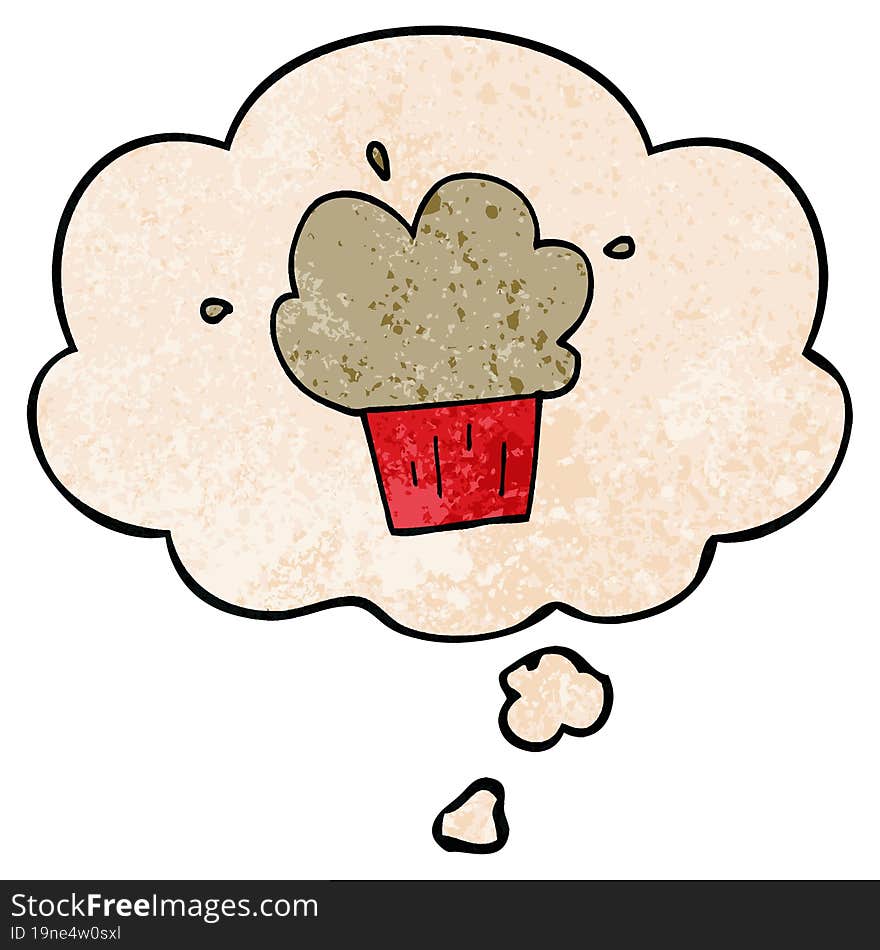 cartoon muffin with thought bubble in grunge texture style. cartoon muffin with thought bubble in grunge texture style