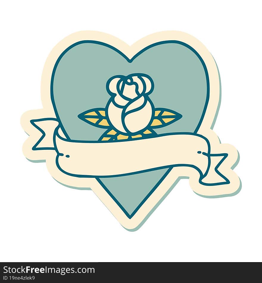 sticker of tattoo in traditional style of a heart rose and banner. sticker of tattoo in traditional style of a heart rose and banner