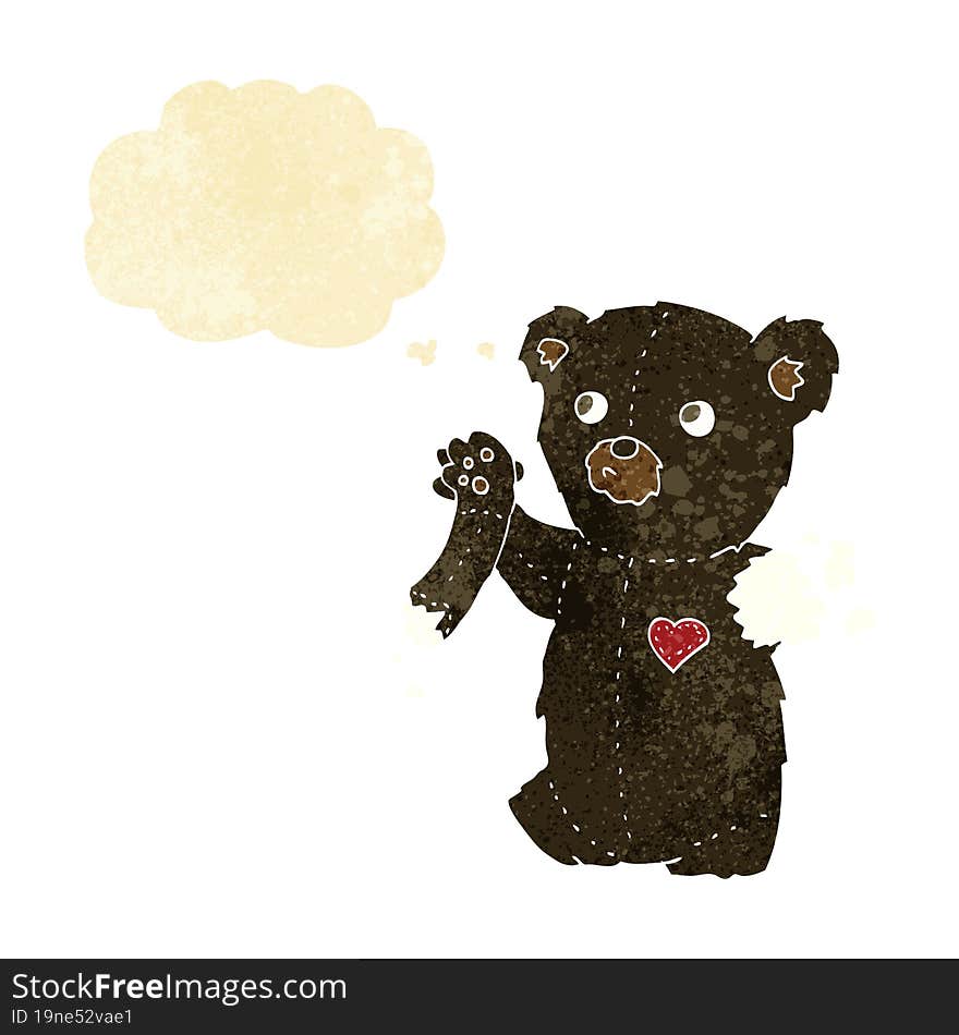 cartoon teddy black bear with torn arm with thought bubble