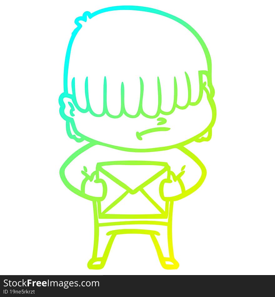 Cold Gradient Line Drawing Cartoon Boy With Untidy Hair