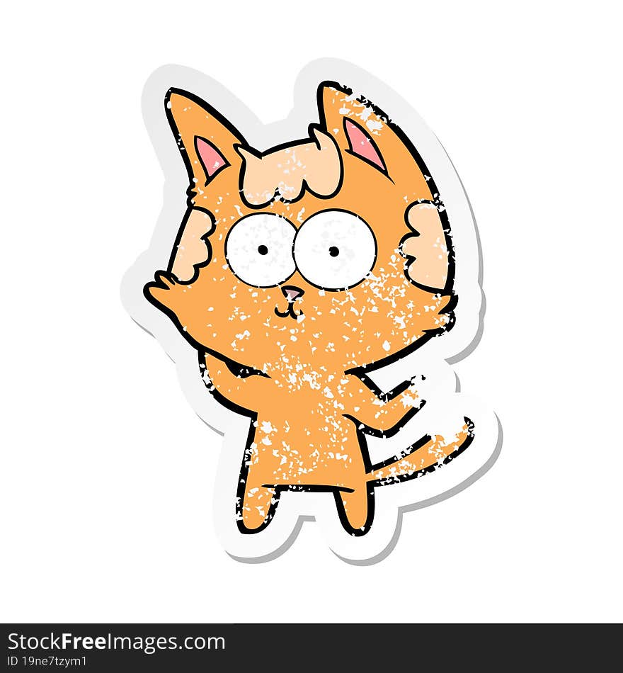 distressed sticker of a happy cartoon cat