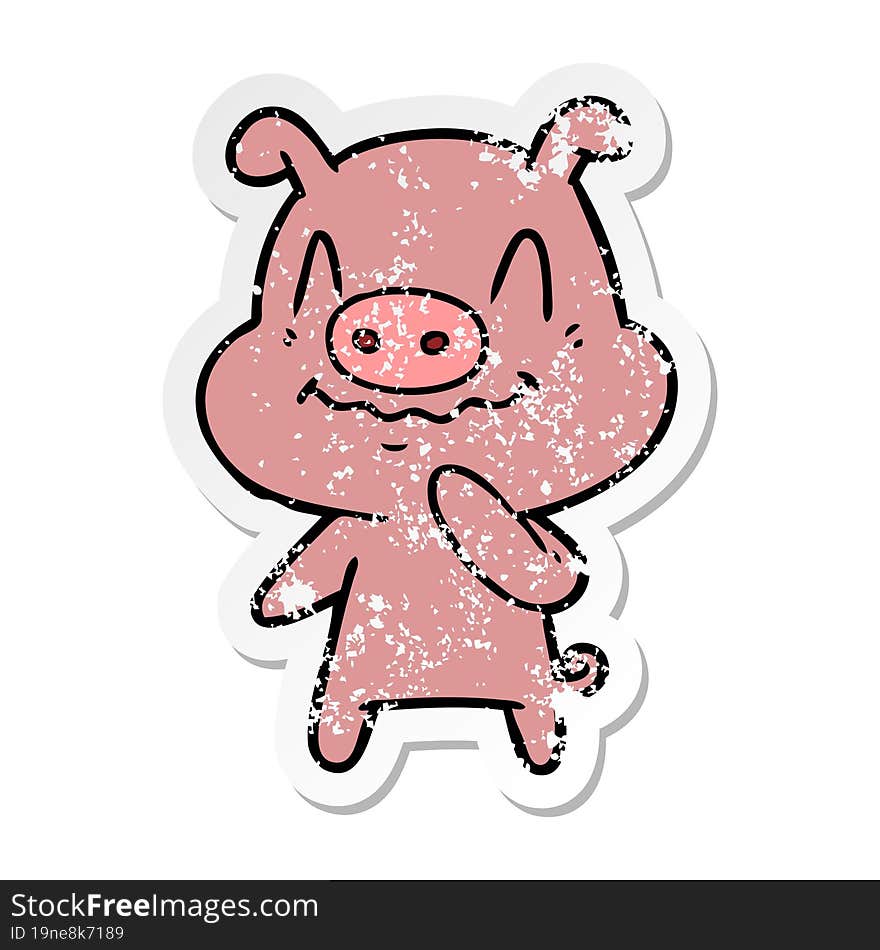 Distressed Sticker Of A Nervous Cartoon Pig