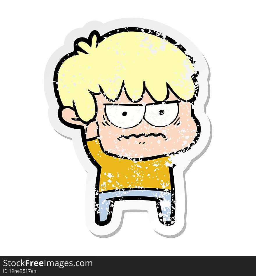 Distressed Sticker Of A Annoyed Cartoon Boy