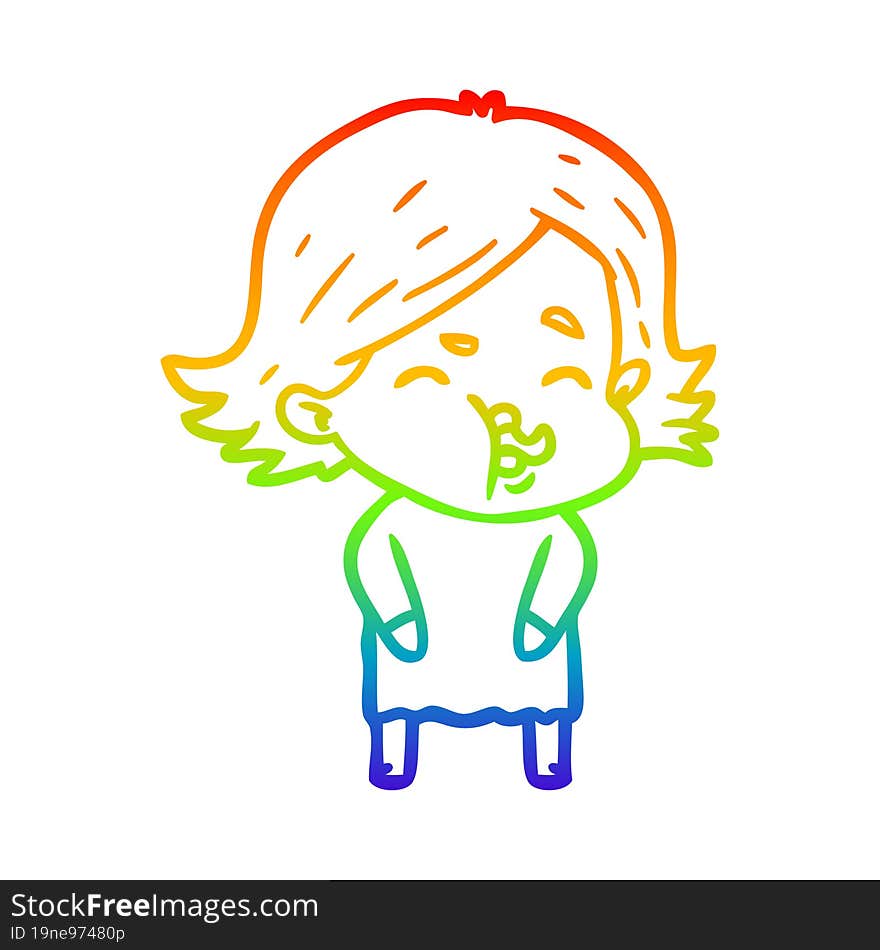 Rainbow Gradient Line Drawing Cartoon Girl Pulling Face