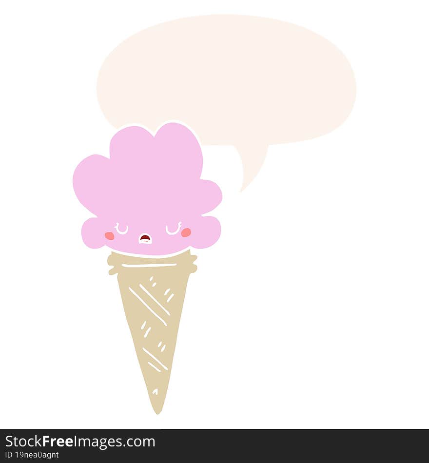 cartoon ice cream and face and speech bubble in retro style