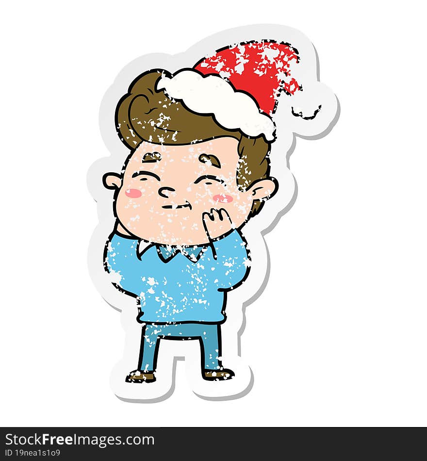 happy hand drawn distressed sticker cartoon of a man wearing santa hat. happy hand drawn distressed sticker cartoon of a man wearing santa hat