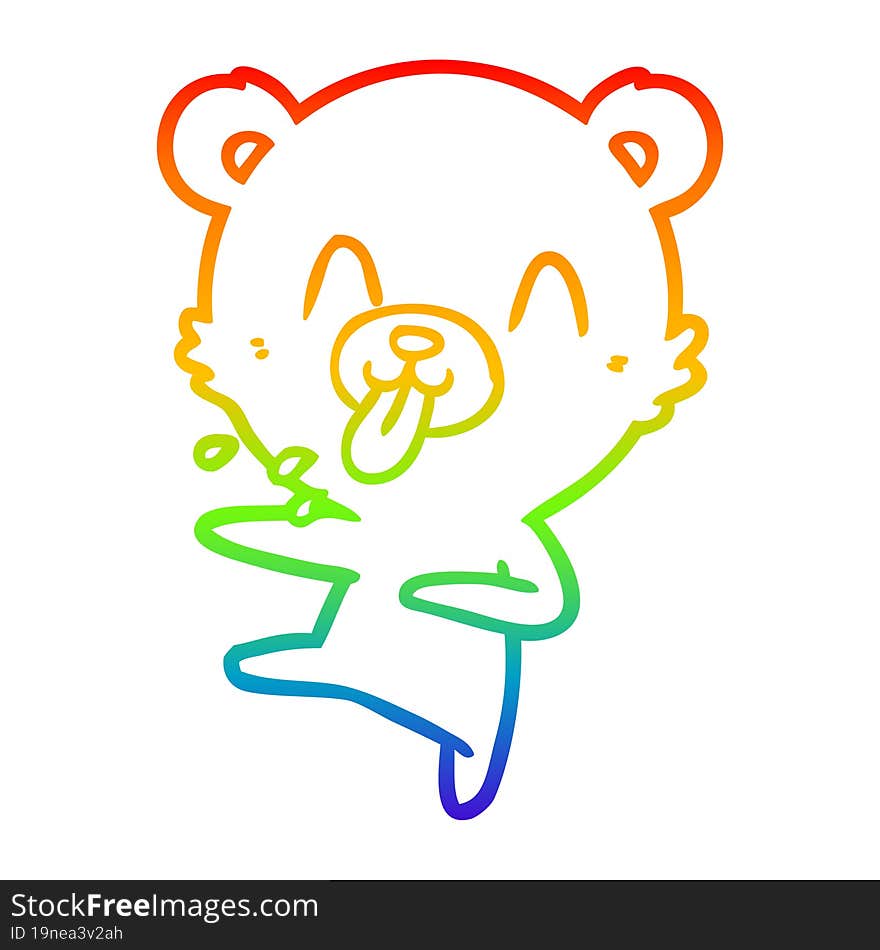 rainbow gradient line drawing of a rude cartoon dancing polar bear sticking out tongue