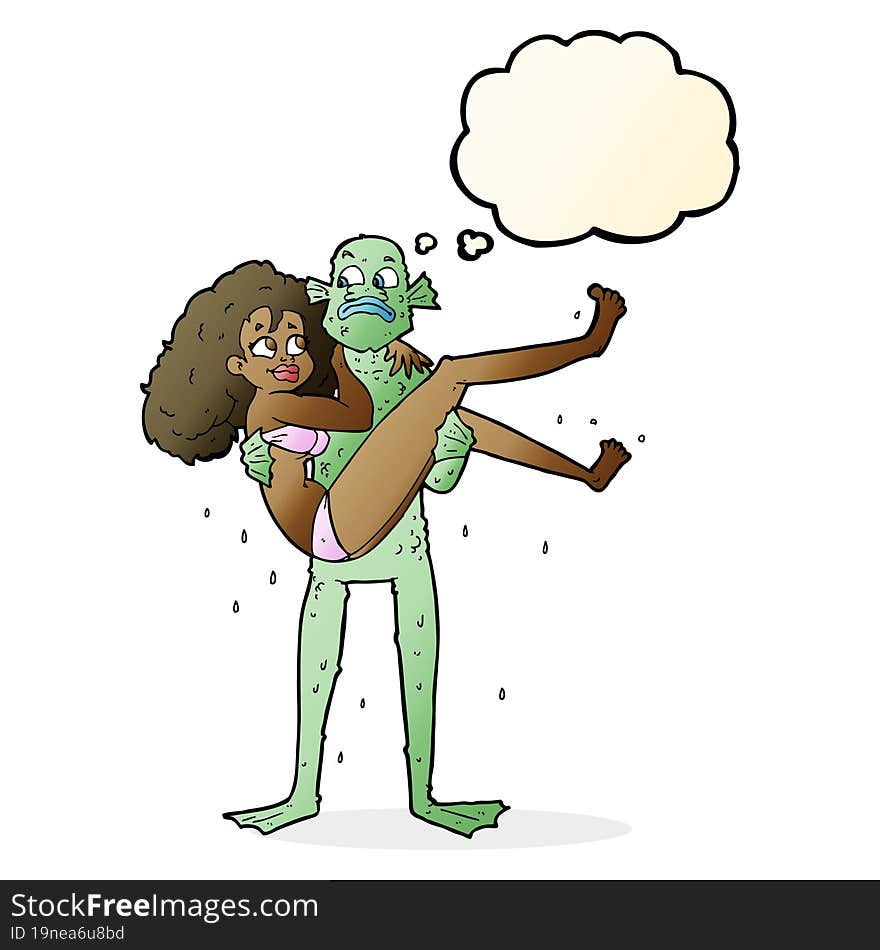 cartoon swamp monster carrying woman in bikini with thought bubble