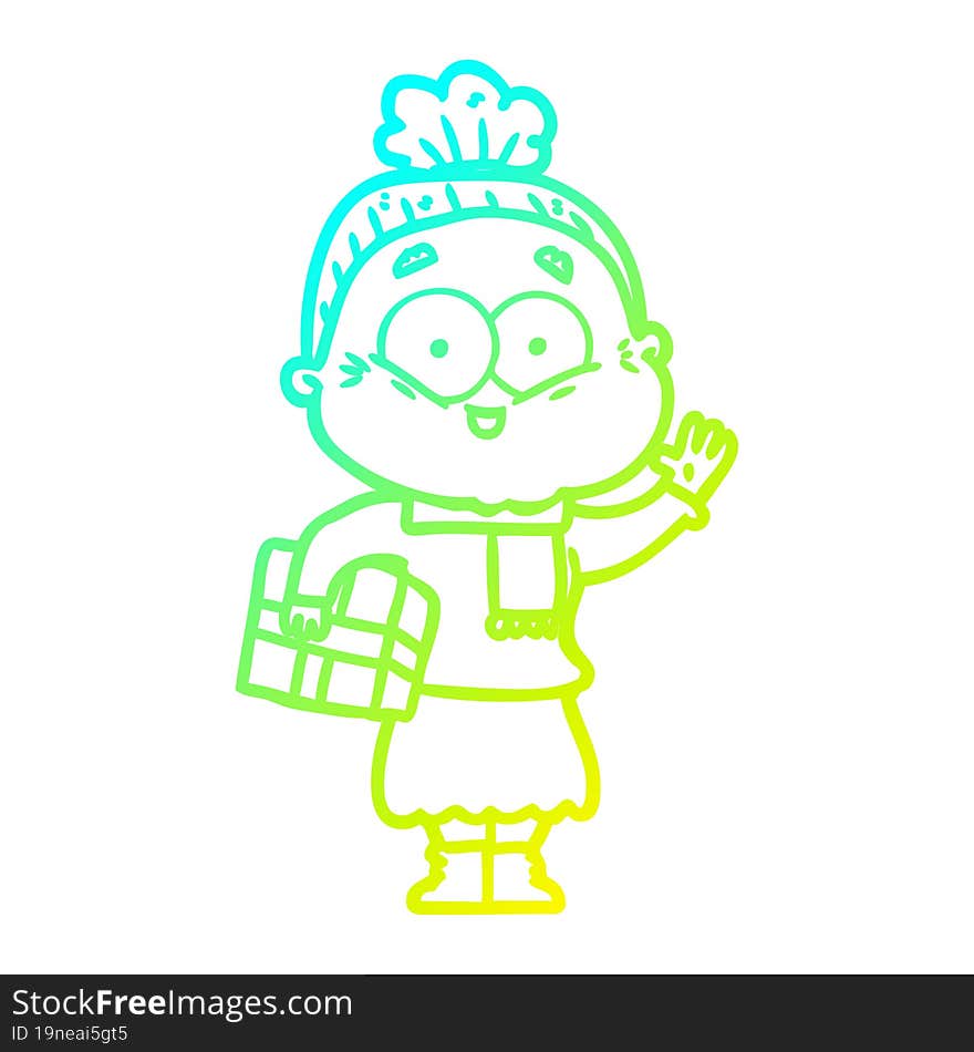 cold gradient line drawing of a cartoon happy old woman