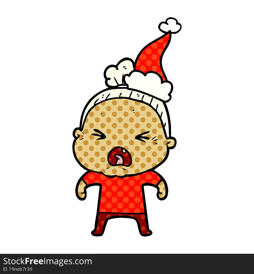 comic book style illustration of a angry old woman wearing santa hat