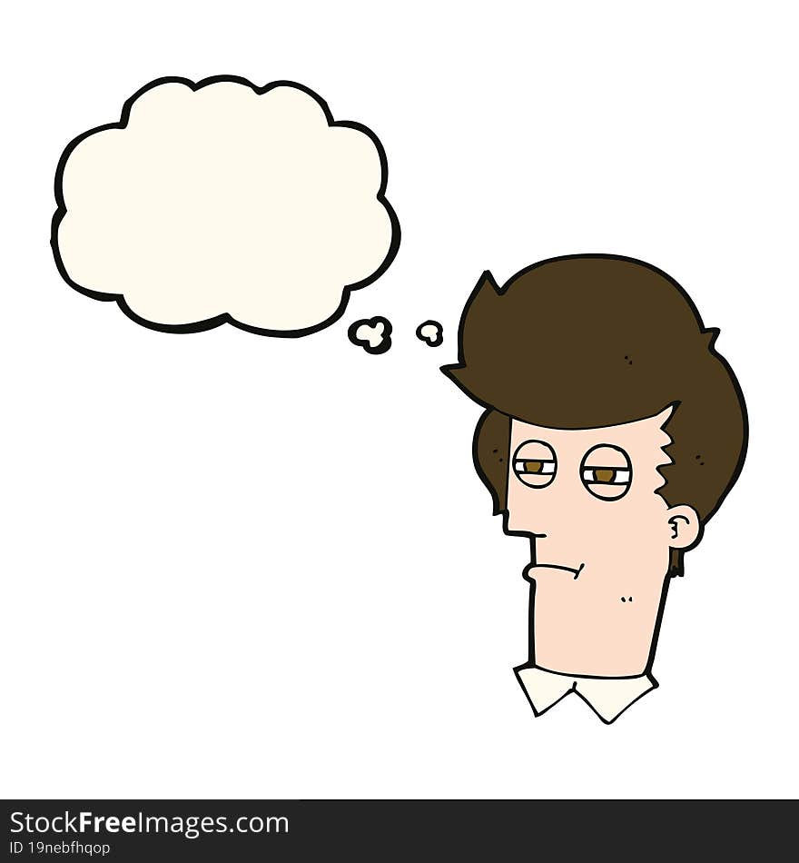 cartoon man with narrowed eyes with thought bubble