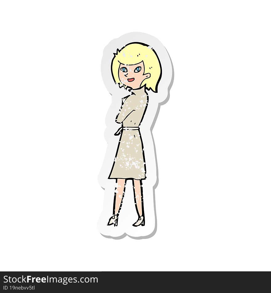 retro distressed sticker of a cartoon woman in trench coat