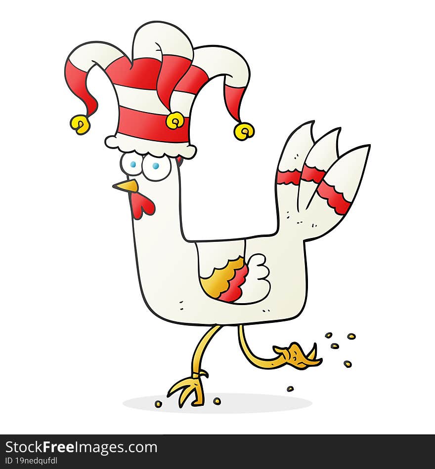 freehand drawn cartoon chicken running in funny hat