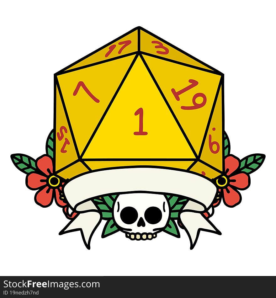 Retro Tattoo Style natural one d20 dice roll. Retro Tattoo Style natural one d20 dice roll