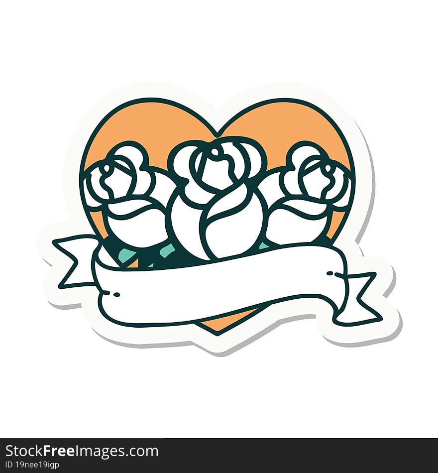 sticker of tattoo in traditional style of a heart and banner with flowers. sticker of tattoo in traditional style of a heart and banner with flowers