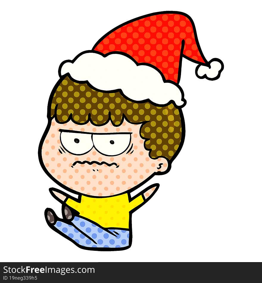 comic book style illustration of a annoyed man wearing santa hat