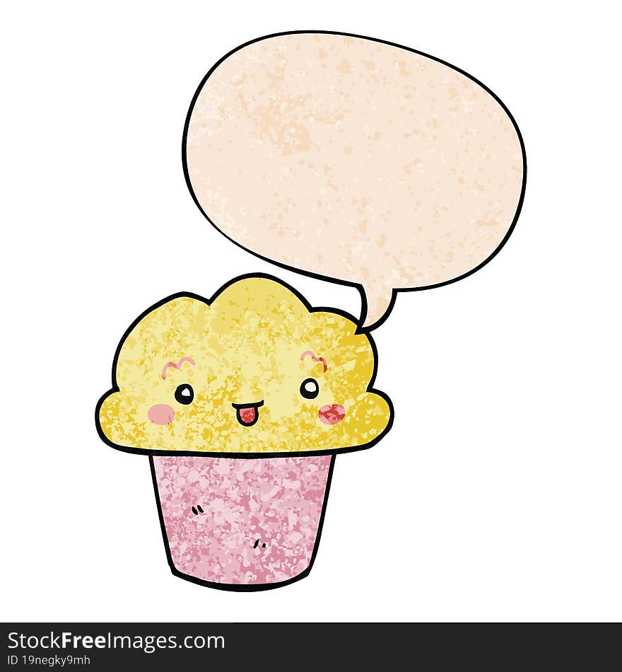 cartoon cupcake with face with speech bubble in retro texture style. cartoon cupcake with face with speech bubble in retro texture style