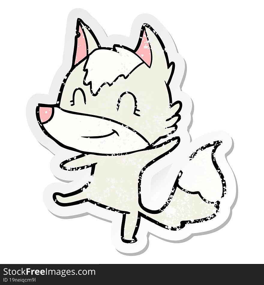 distressed sticker of a friendly cartoon wolf