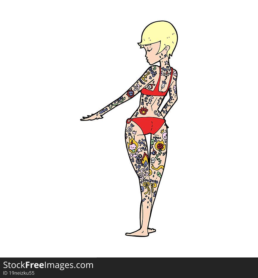 cartoon bikini girl covered in tattoos