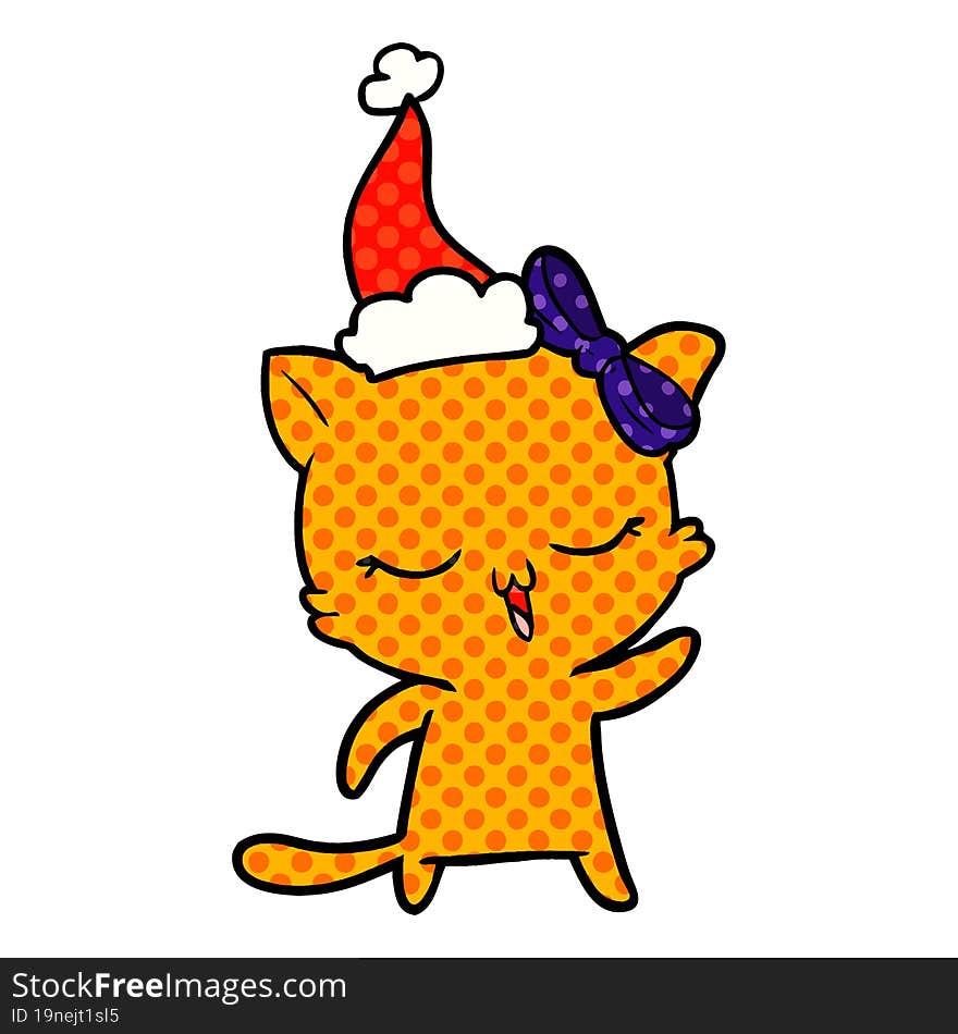 comic book style illustration of a cat with bow on head wearing santa hat