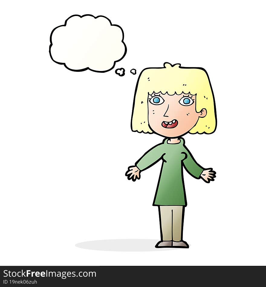 cartoon happy woman with thought bubble