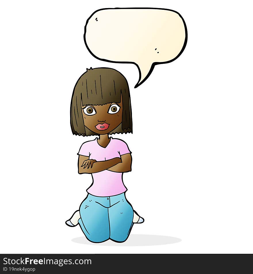 Cartoon Woman Kneeling With Speech Bubble