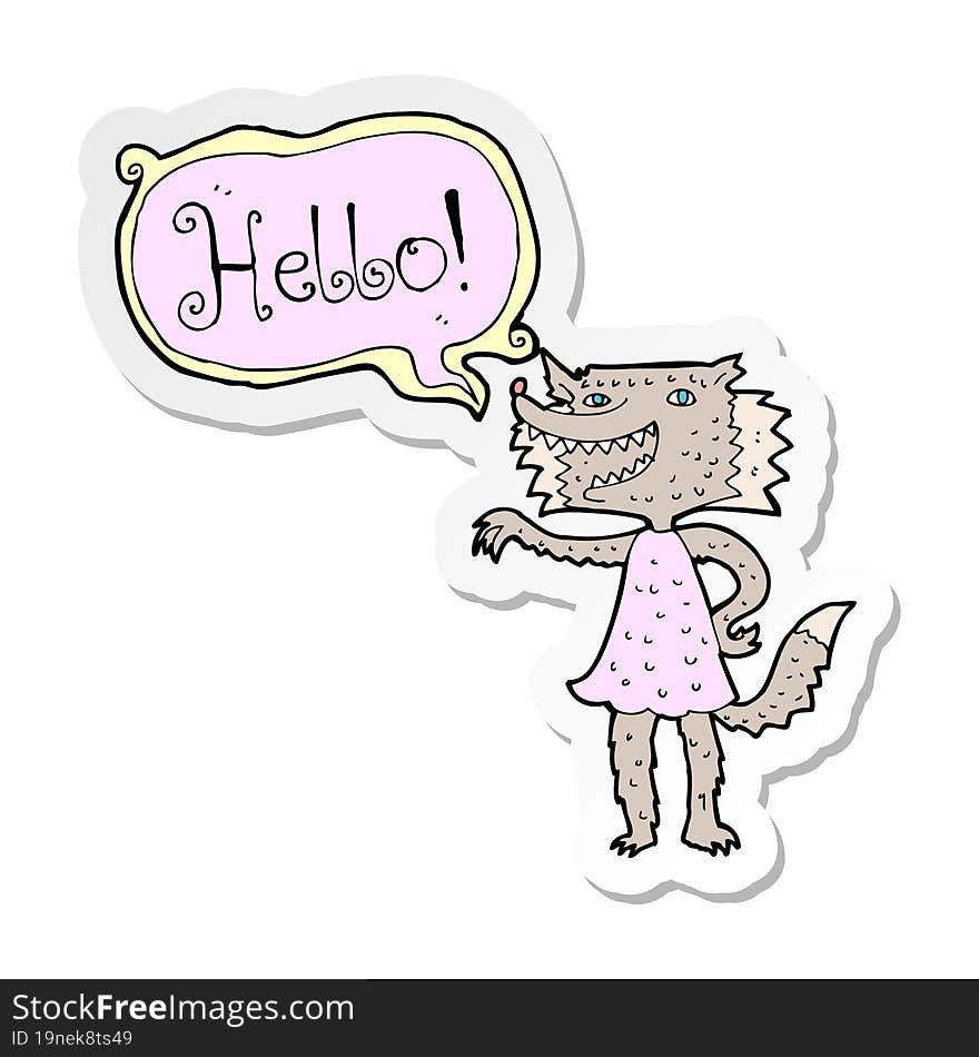 sticker of a cartoon wolf girl saying hello