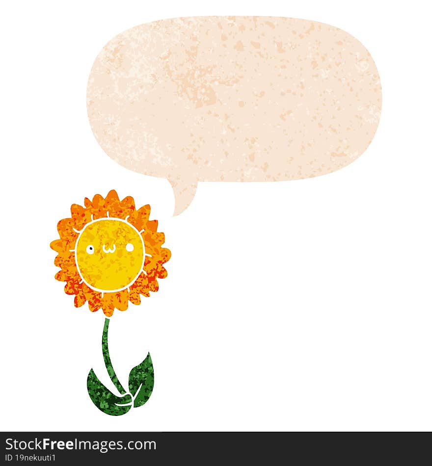 cartoon flower and speech bubble in retro textured style