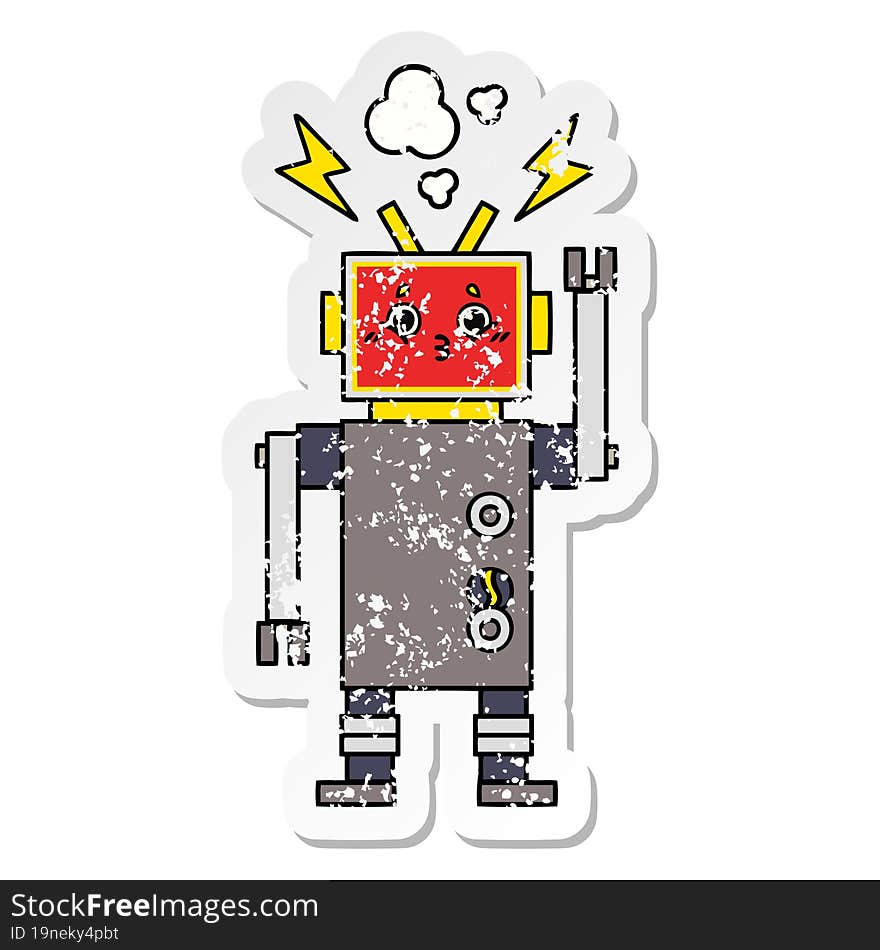 distressed sticker of a cute cartoon robot malfunction