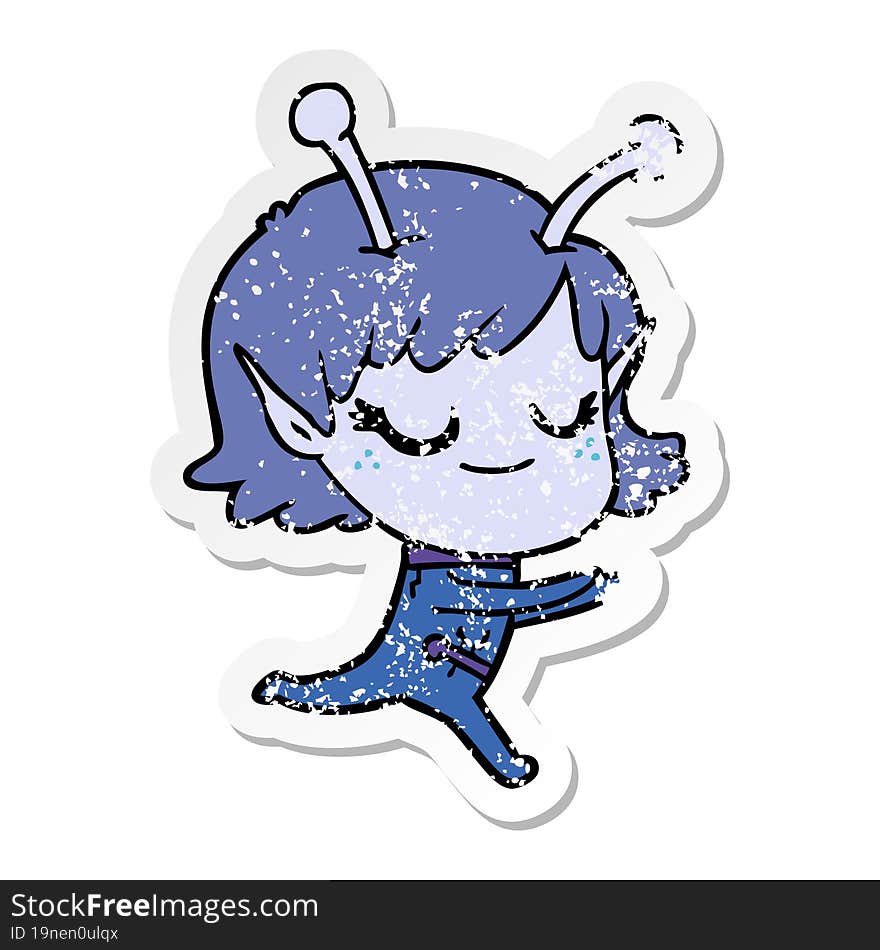 distressed sticker of a smiling alien girl cartoon running