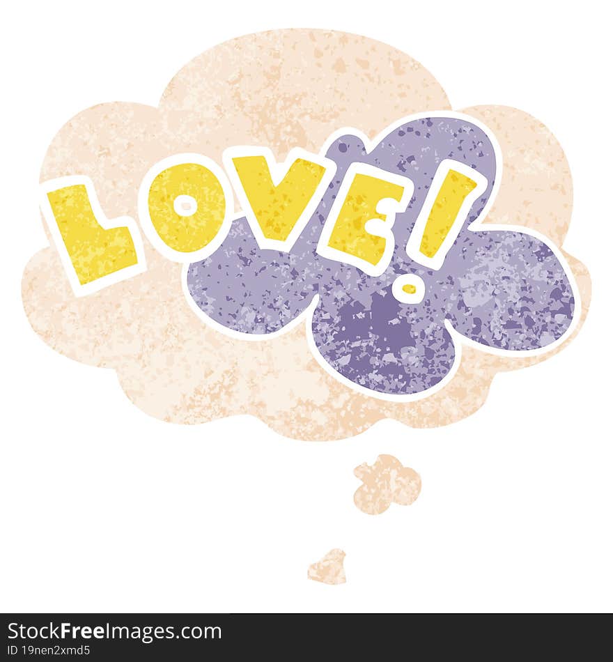 cartoon word love and thought bubble in retro textured style