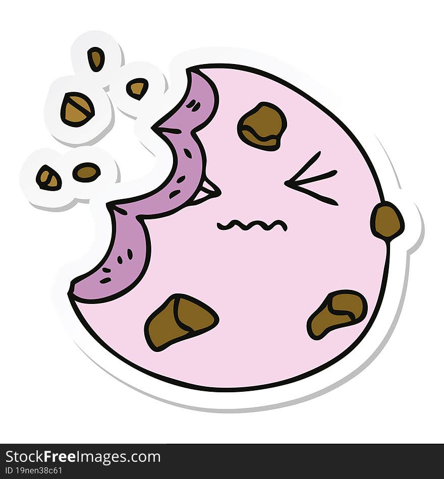 sticker of a quirky hand drawn cartoon munched cookie