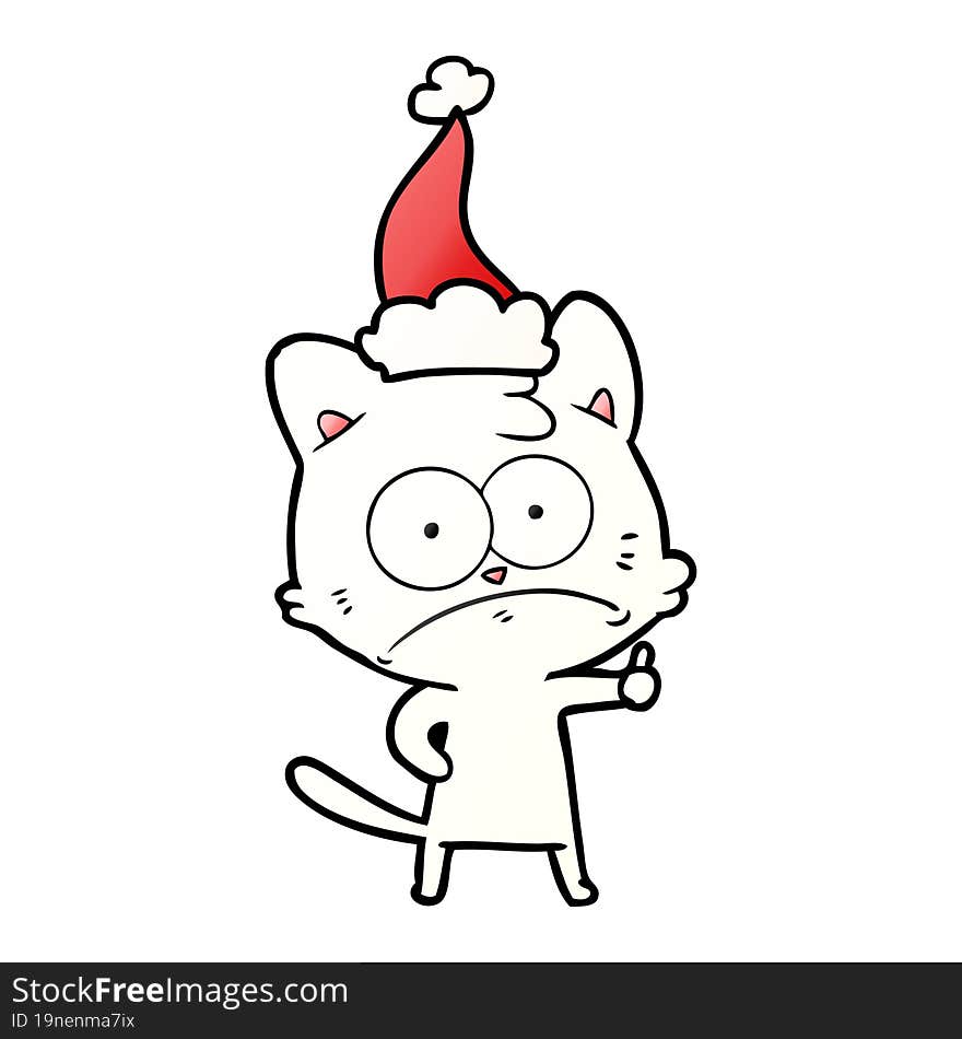 gradient cartoon of a nervous cat wearing santa hat