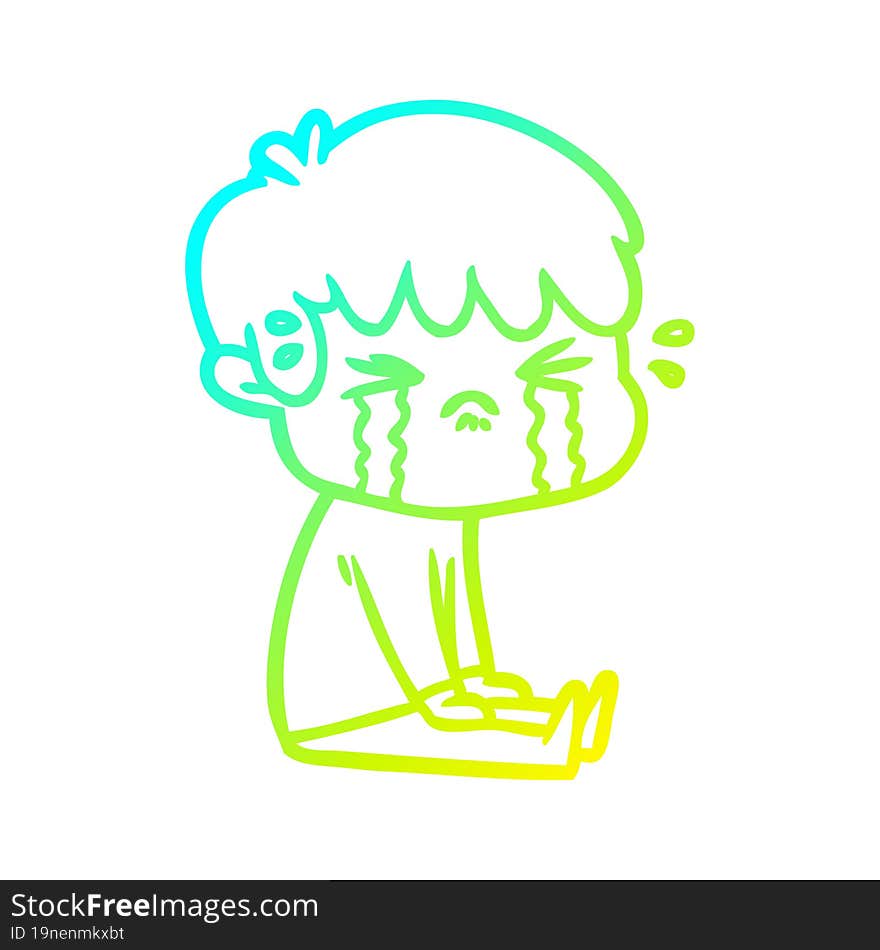 cold gradient line drawing of a cartoon boy crying