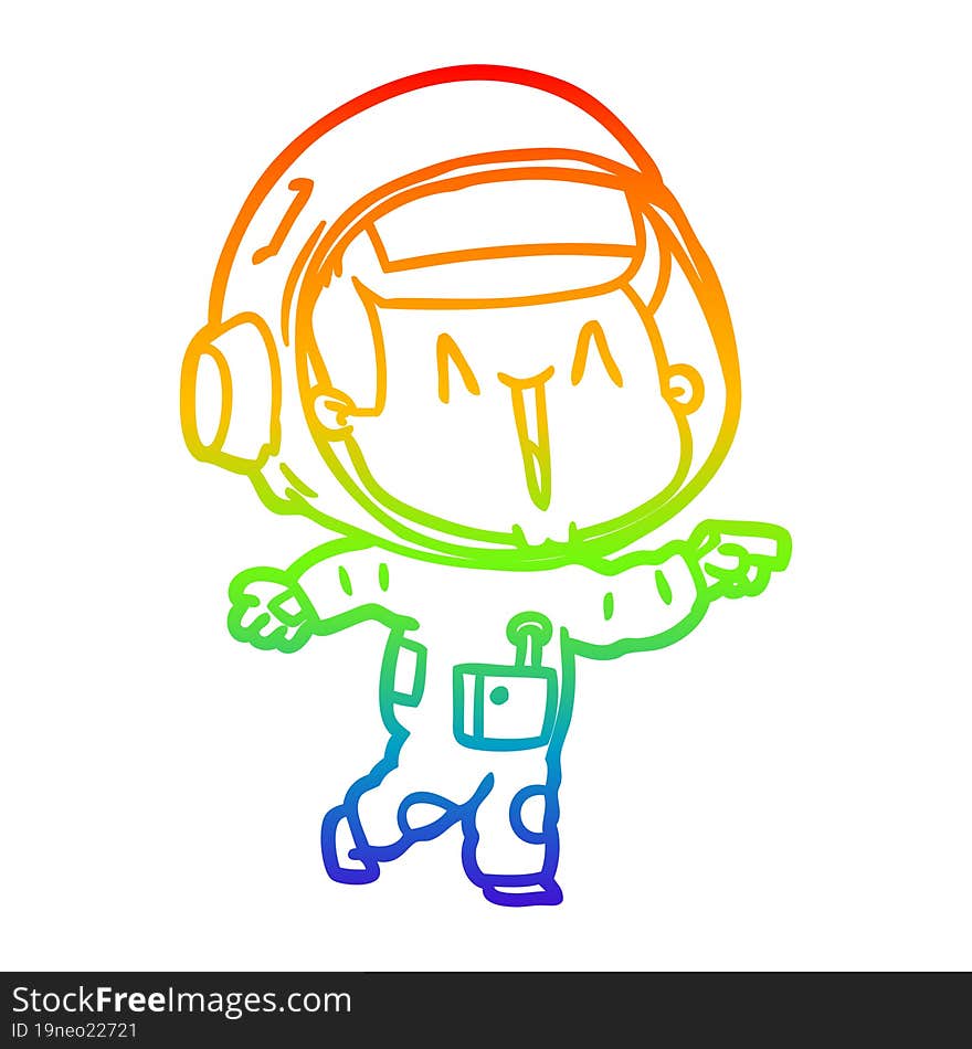 rainbow gradient line drawing of a happy cartoon astronaut pointing