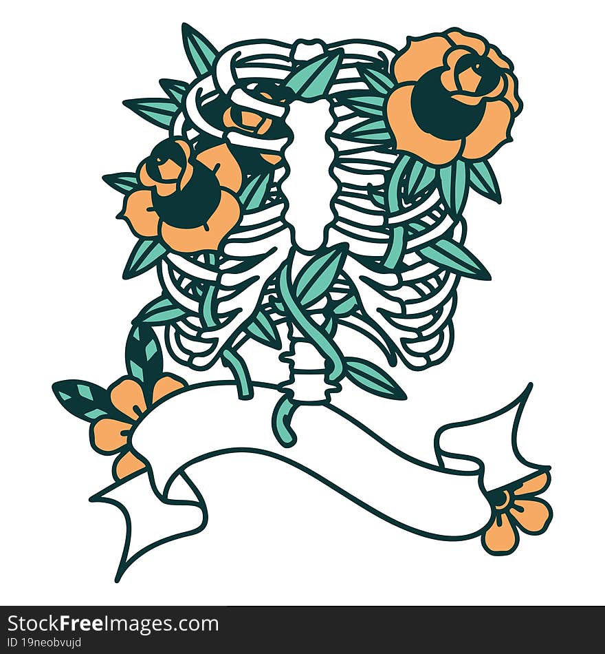 Tattoo With Banner Of A Rib Cage And Flowers