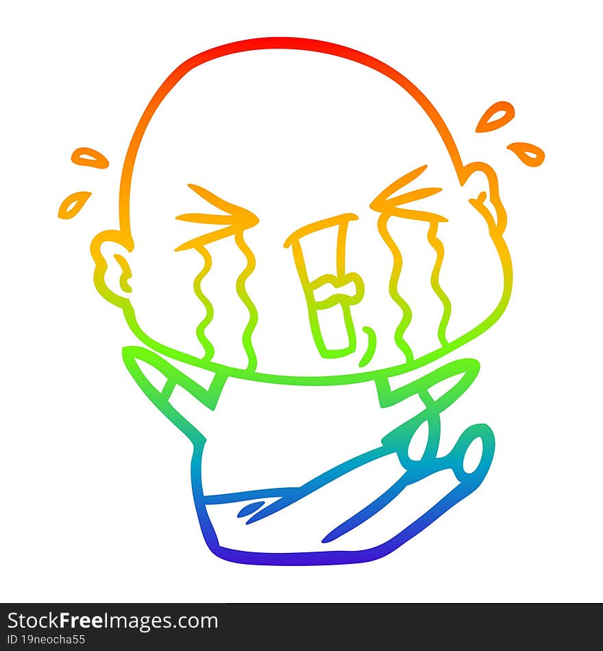 rainbow gradient line drawing cartoon crying bald man