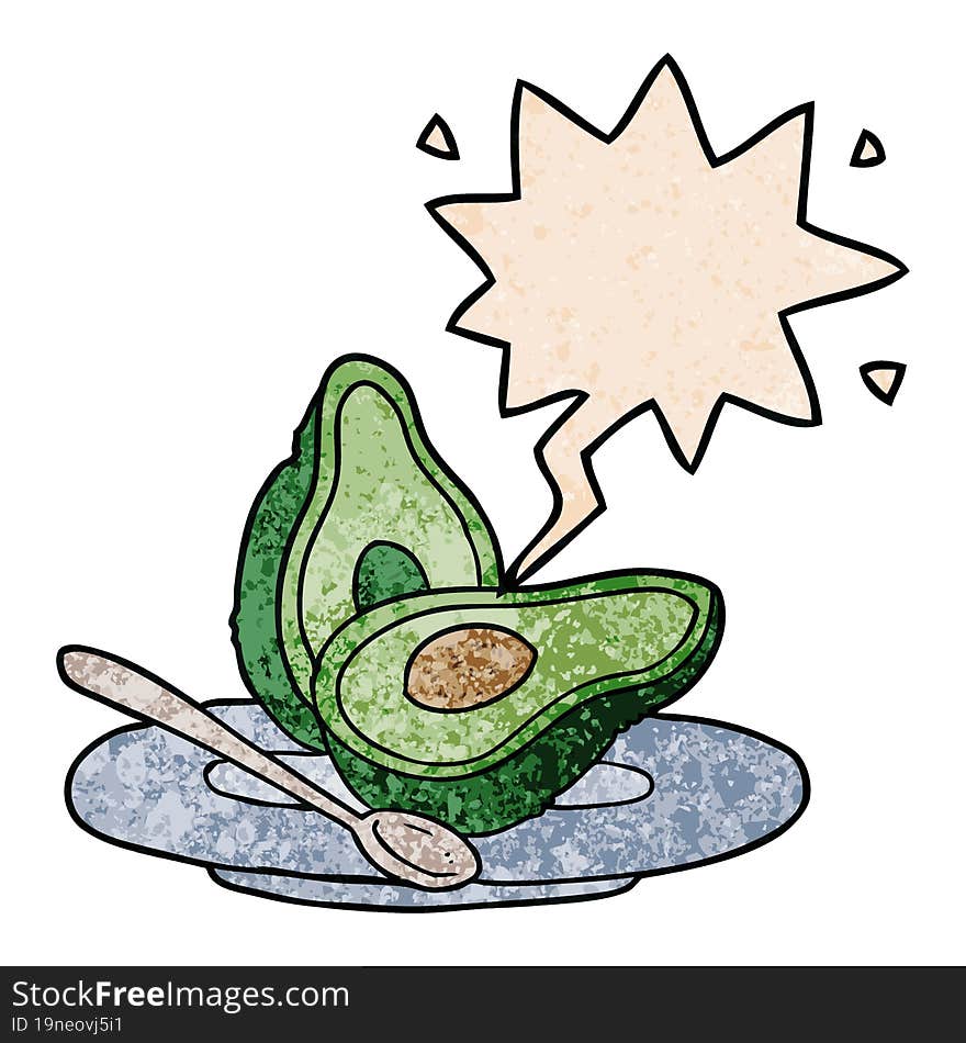 cartoon halved avocado and speech bubble in retro texture style