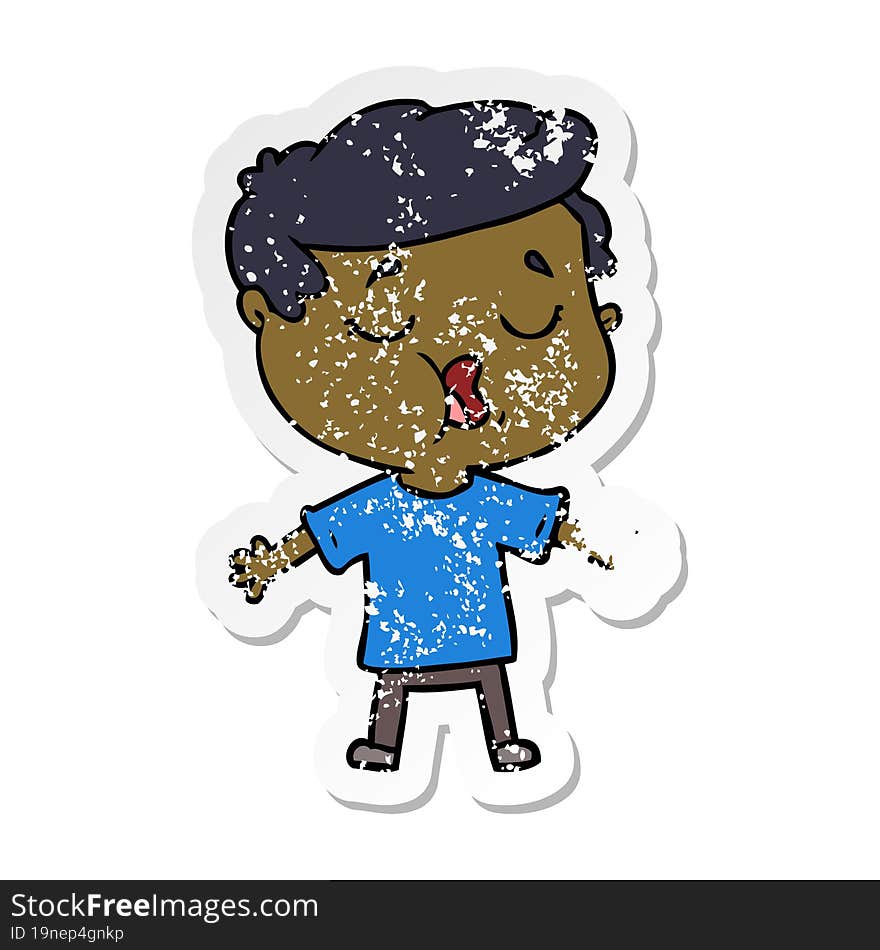 distressed sticker of a cartoon man talking