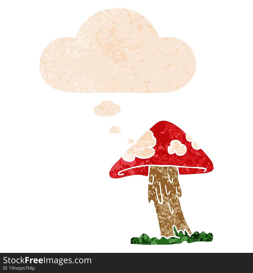 cartoon mushroom with thought bubble in grunge distressed retro textured style. cartoon mushroom with thought bubble in grunge distressed retro textured style